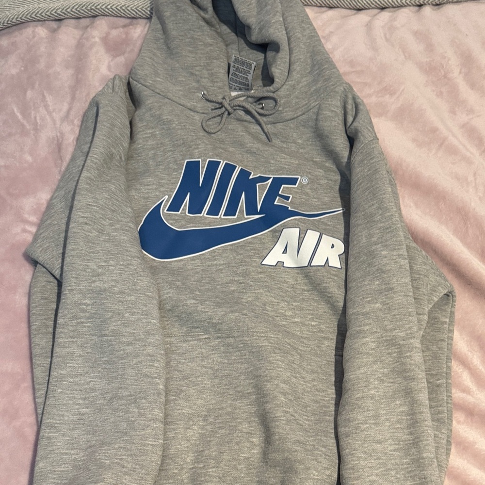 Nike Men's Gray and Blue Logo Hoodie